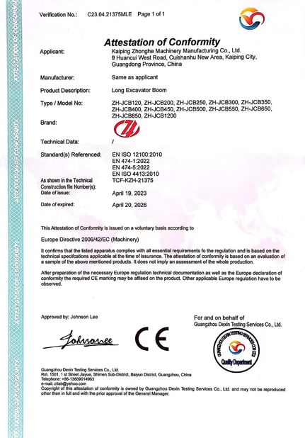 Chiny Jiangmen Kaiping Zhonghe Machinery Manufacturing Co., Ltd Certyfikaty